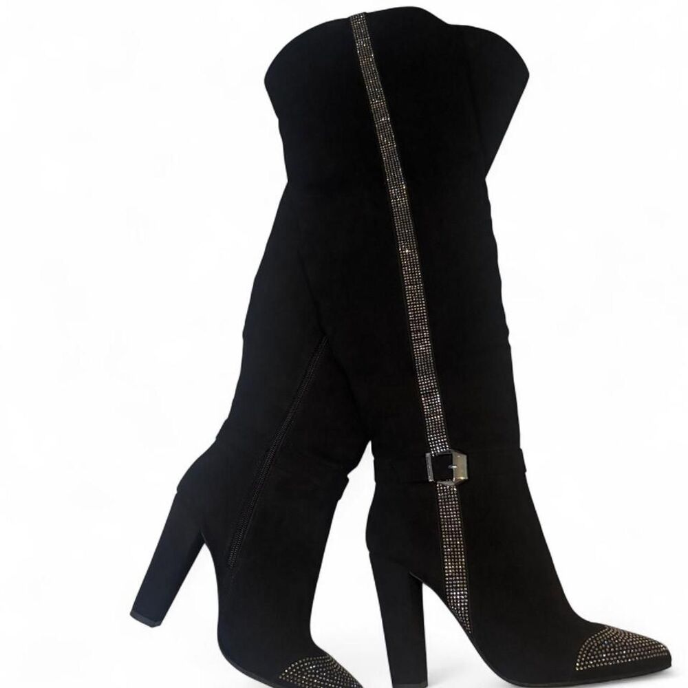 Women's Black Rhinestone Knee High Cowgirl Country Boots Size 7